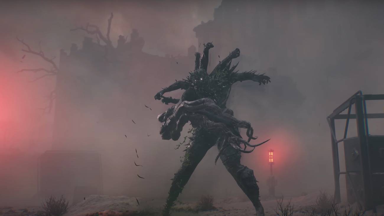 An Orphan stares at the camera with glowing eyes and a horrific, corrupted body.
