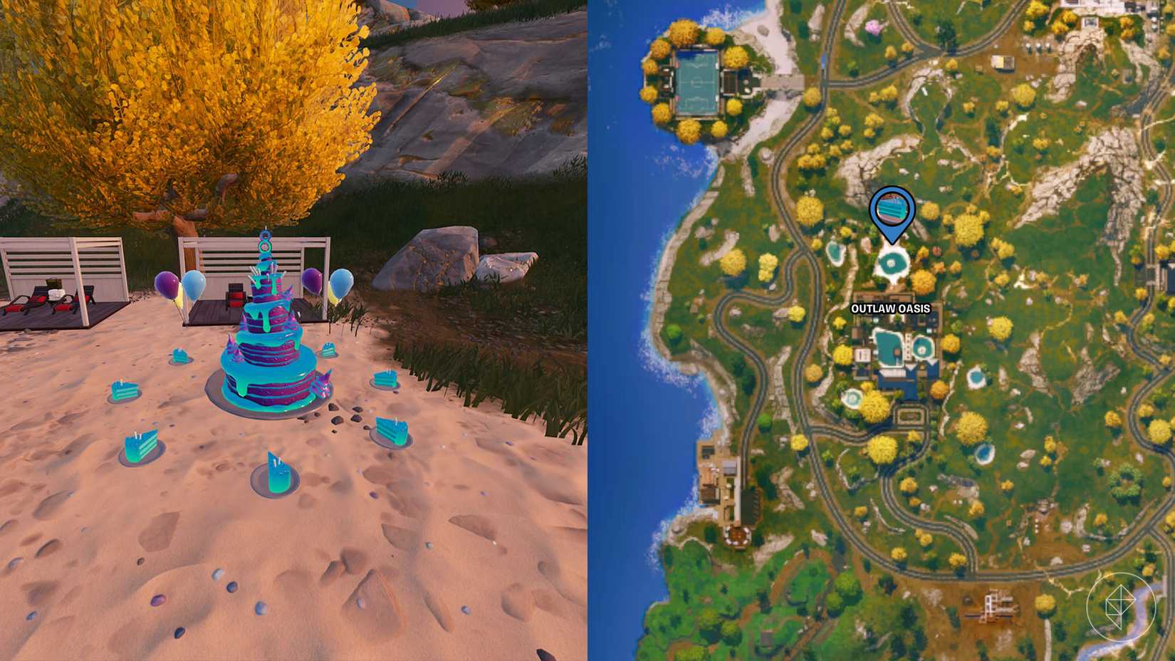 बर्थडे केक फोर्टनाइट में आउटलाव ओएसिस में पाया गया।