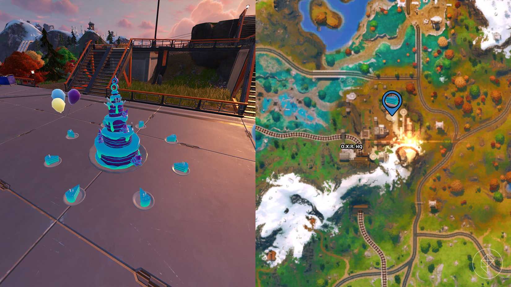 Fortnite अध्याय 6 सीज़न 4 में OXR मुख्यालय में जन्मदिन का केक मिला।