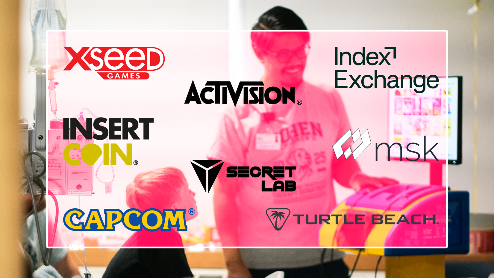 A child in a hospital bed with partner brand logos: XSeed Games, Insert Coin, Capcom, Activision, Secret Lab, Turtle Beach, Index Exchange, and MSK