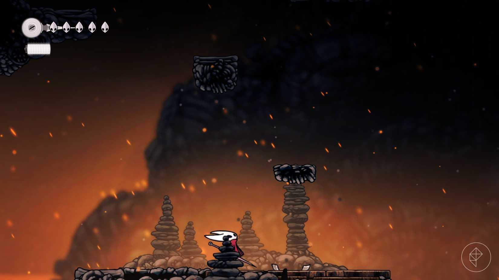Hornet looking up towards several floating platforms in Hollow Knight: Silksong.