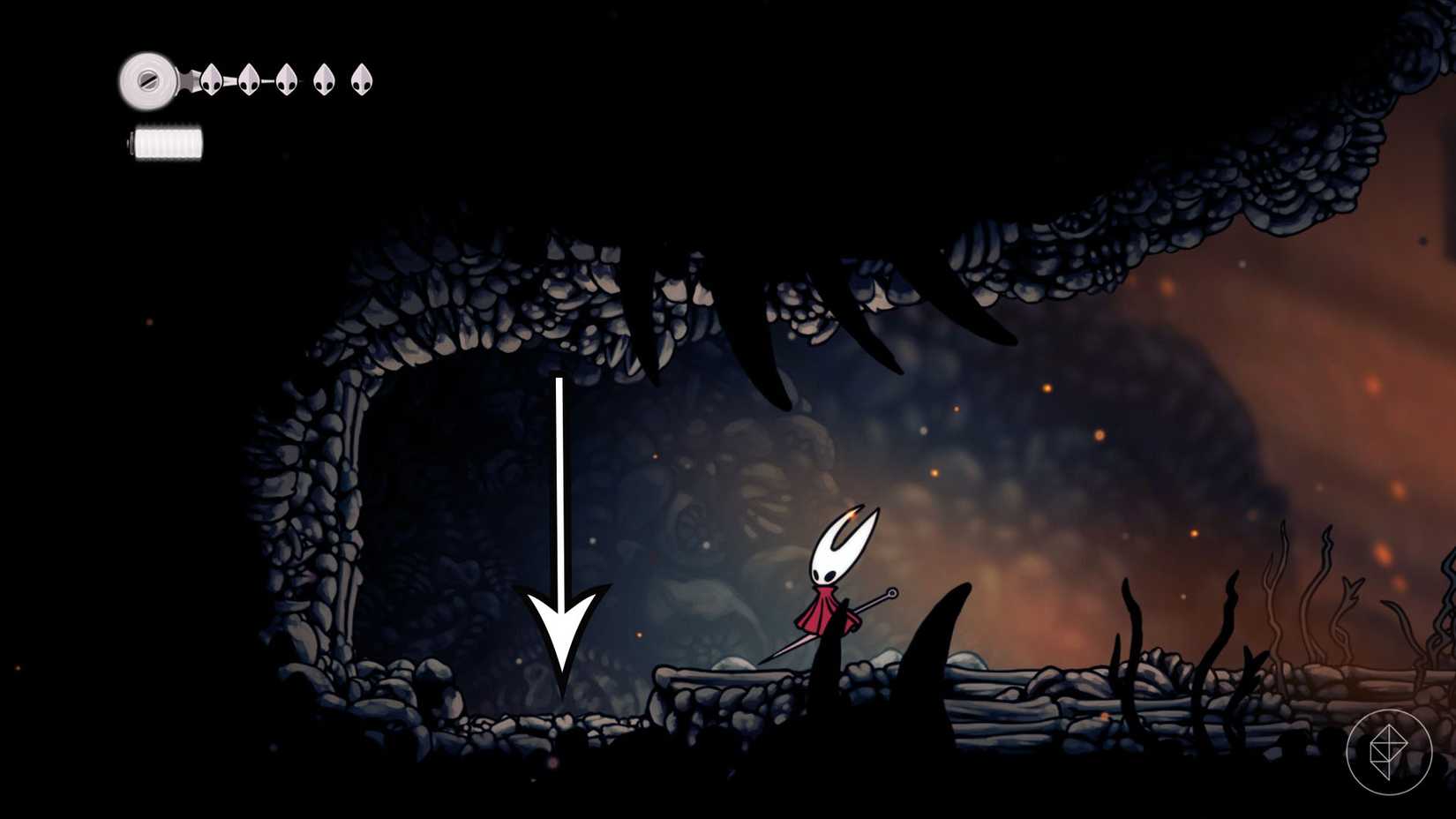 An arrow indicating a loose floor in an empty knight: Silksong.