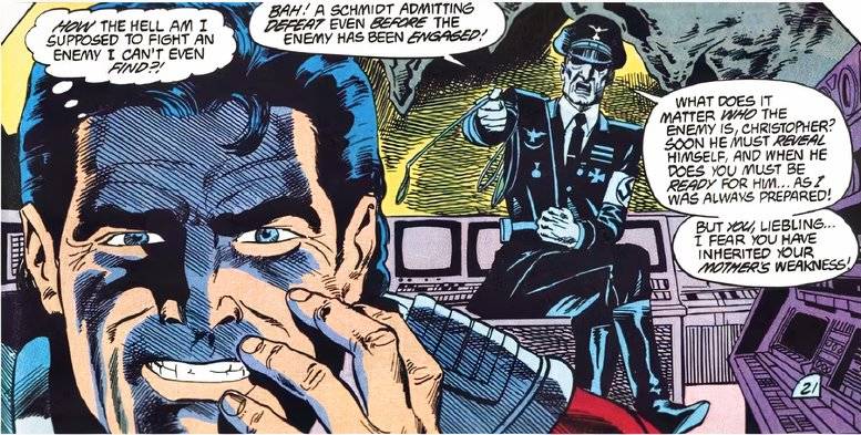 Peacemaker is berated by the ghost of his father, Wolfgang Schmidt