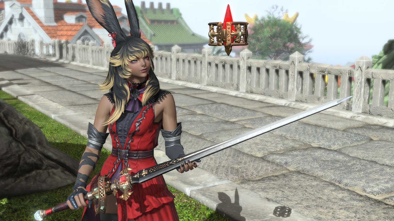A Viera Red Mage holds a Dawntrail relic weapon rapier in FFXIV