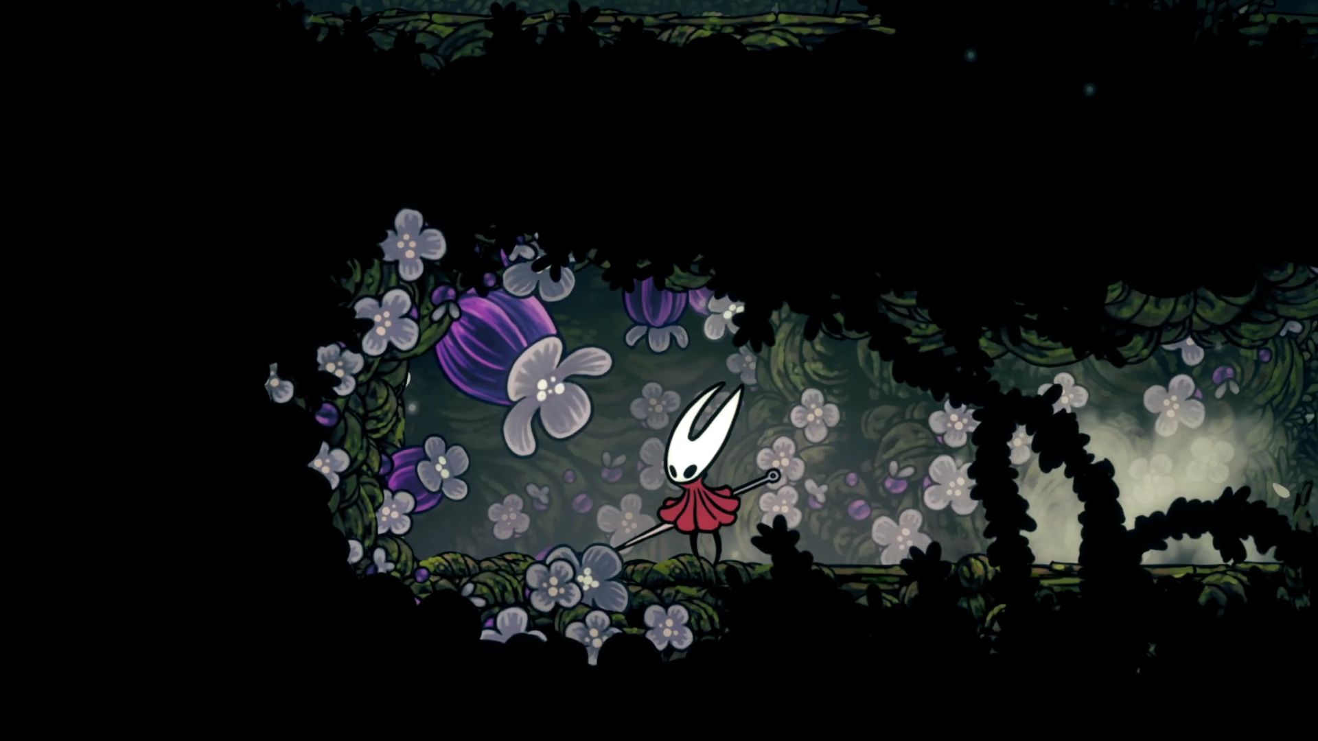 Hornet standing in front of a purple Pollip flower in Hollow Knight: Silksong.