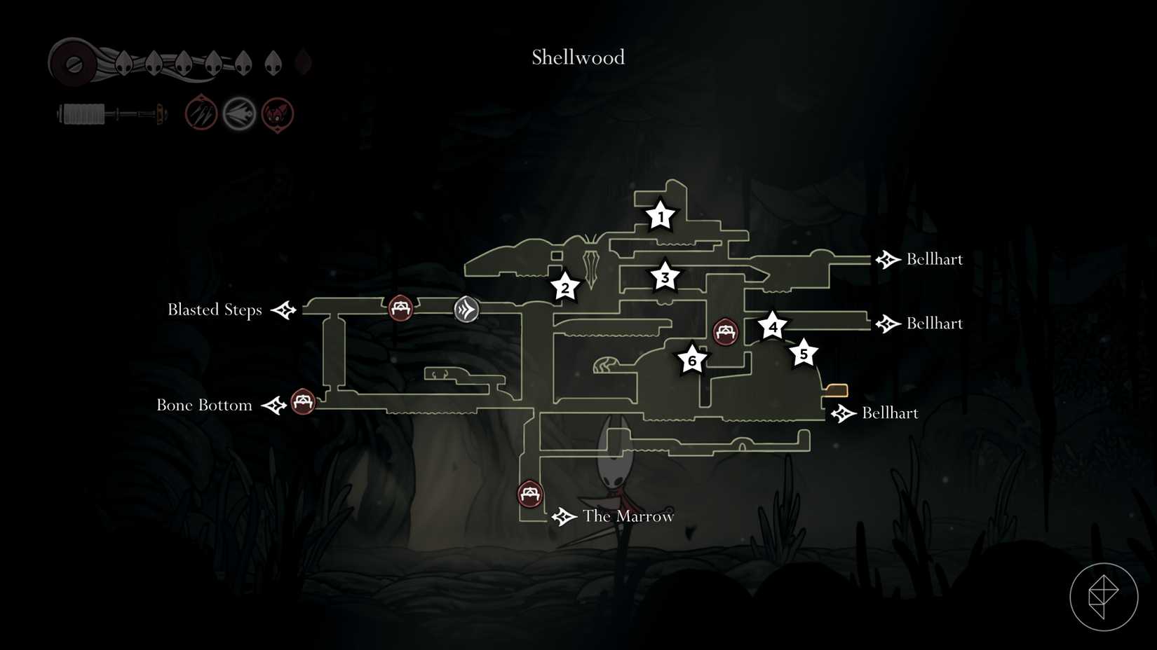 A map of Shellwood marking the locations of the Pollip Hearts in Hollow Knight: Silksong.