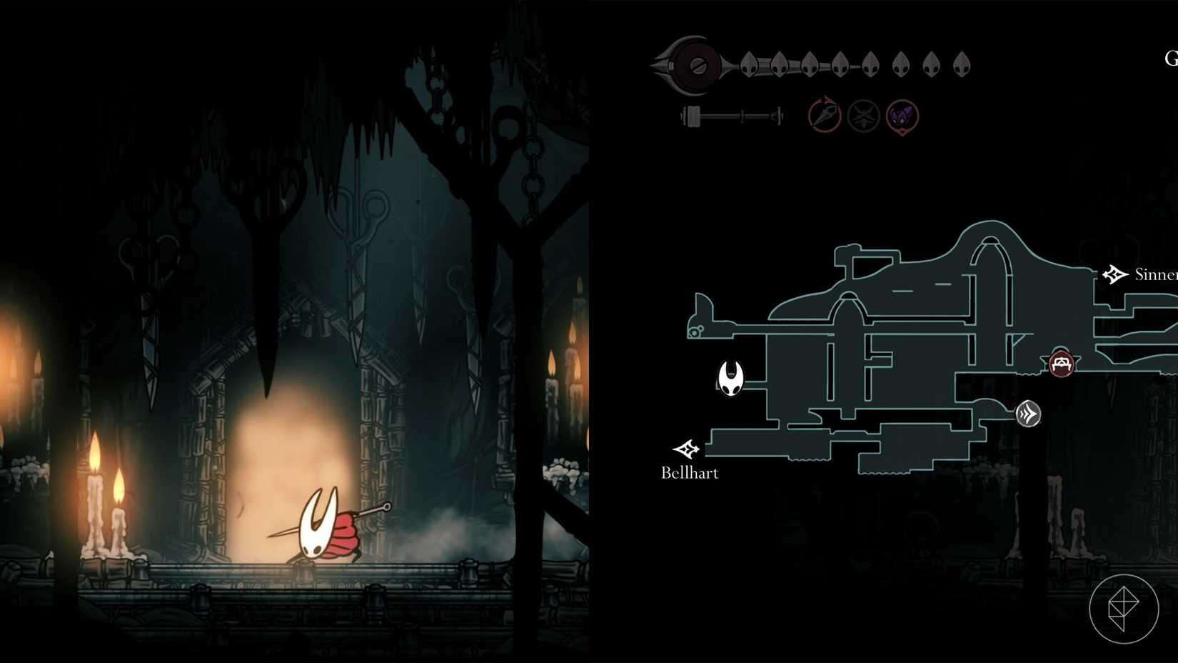 Hornet standing outside of the Chapel of the Reaper in Silksong.