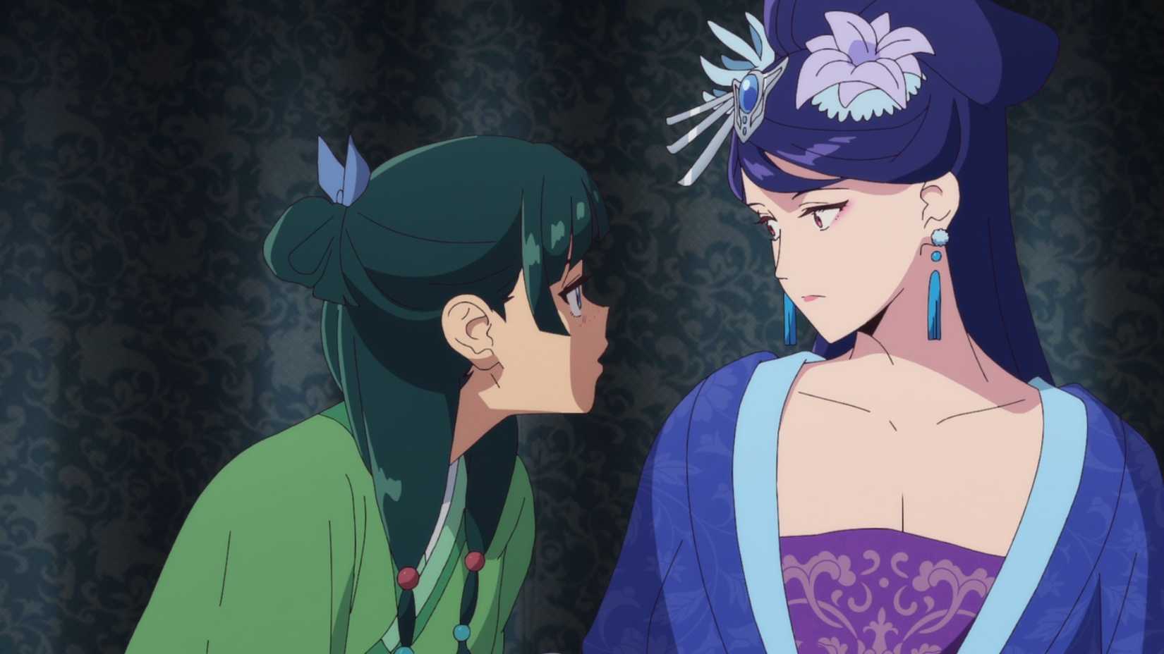 A woman in a green kimono talks to a regal woman in a purple dress in The Apothecary Diaries