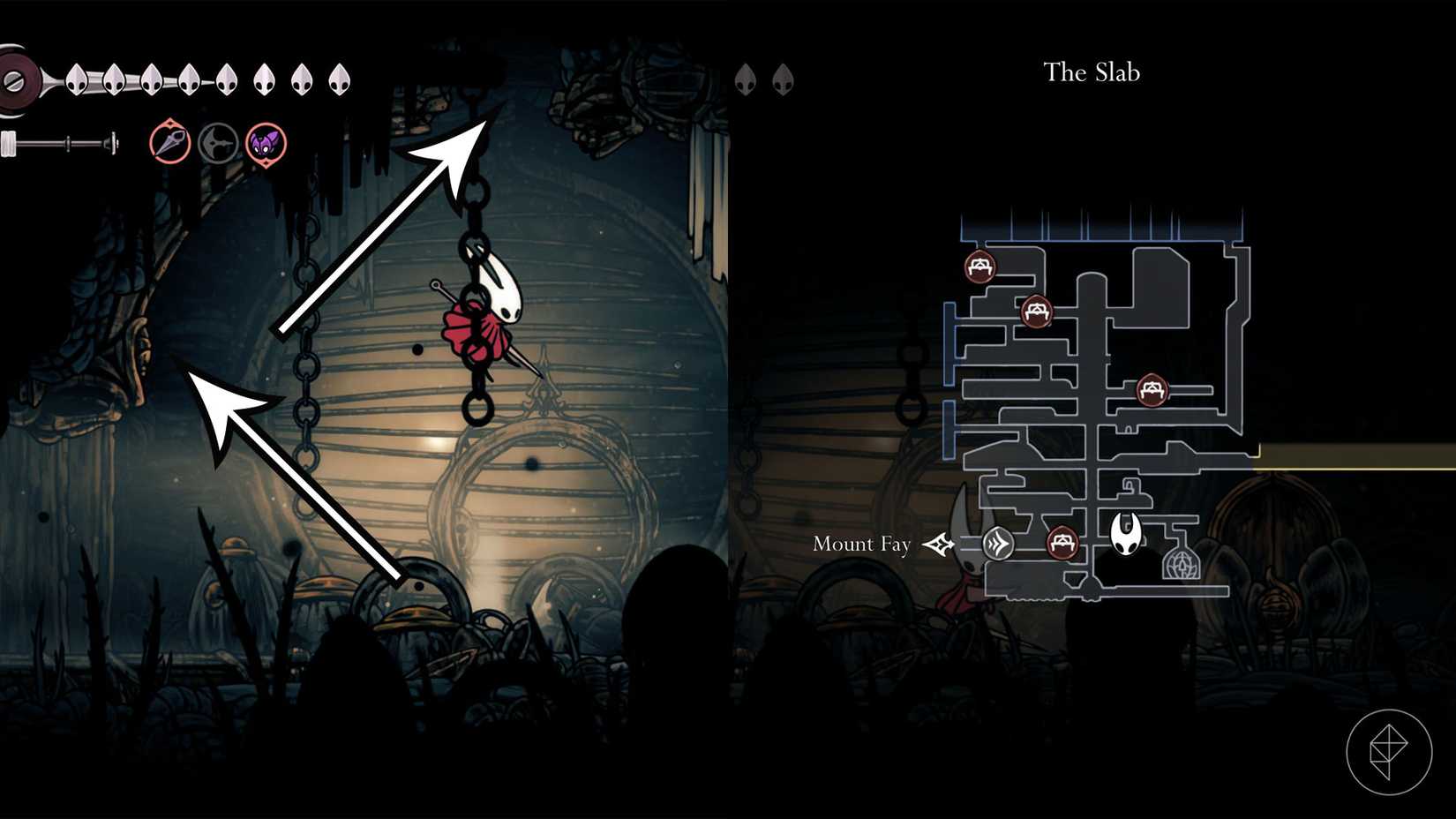 Arrows indicating the path to the First Sinner in Silksong.