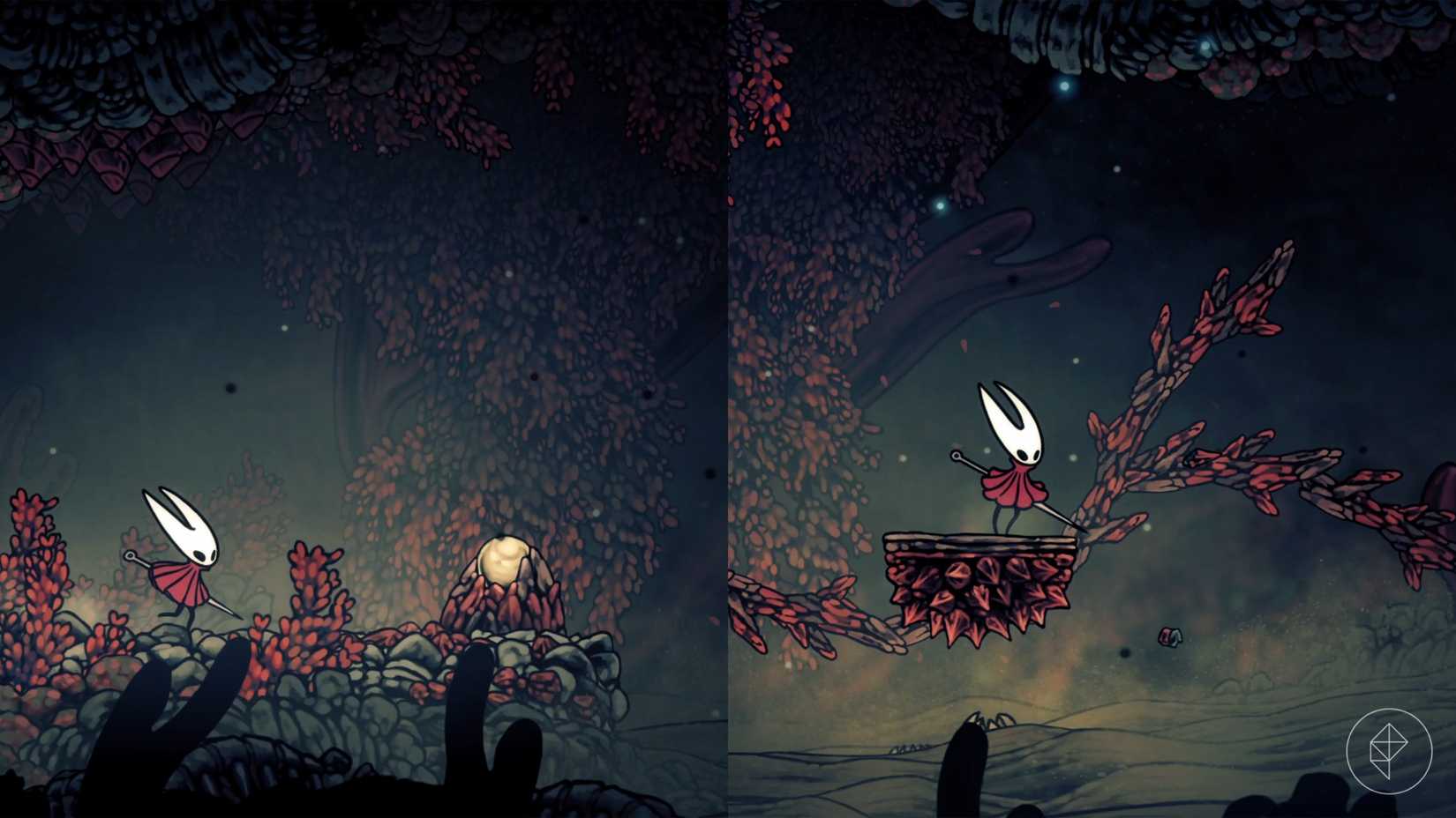 Hornet standing in front of a golden ball that builds a tree pathway when hit in Hollow Knight: Silksong.