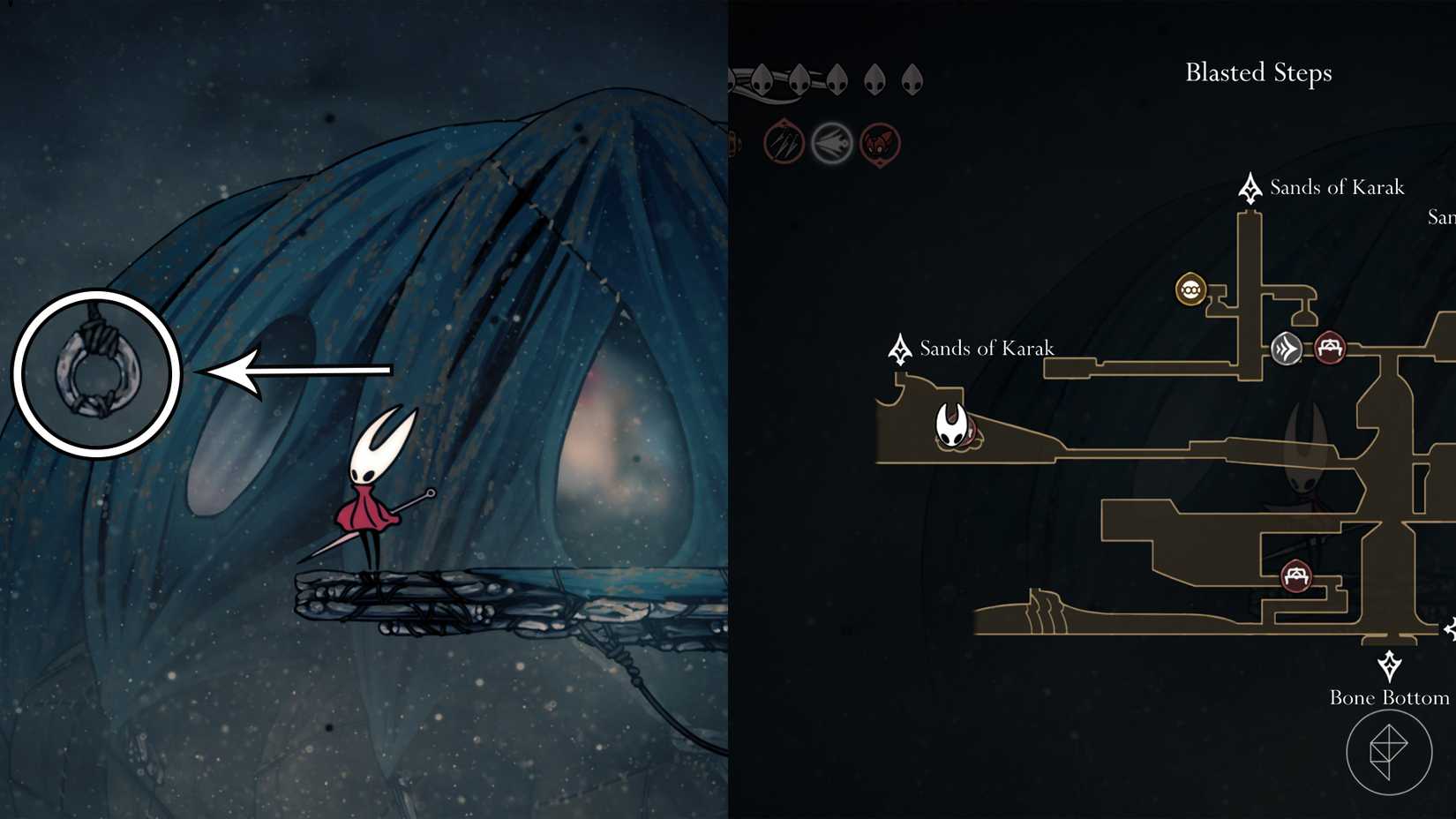 Hornet standing outside of Pinstress' house in the Blasted Steps in Hollow Knight: Silksong.