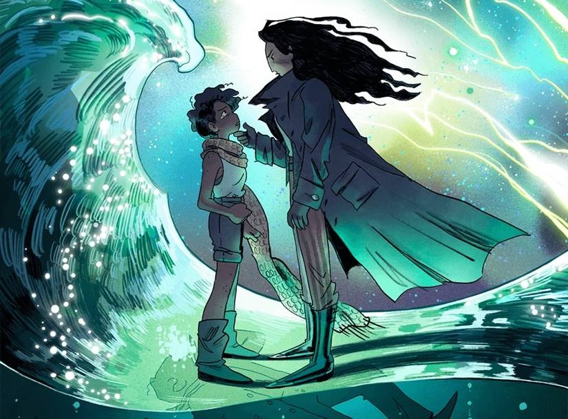 A colorized image from Scarlet Morning, with a tearful Viola and a fierce-looking Captain Chase standing on a frozen sea, the corpses of sailors floating below them in the water. Chase's hand is under Viola's chin, forcing her to look upward