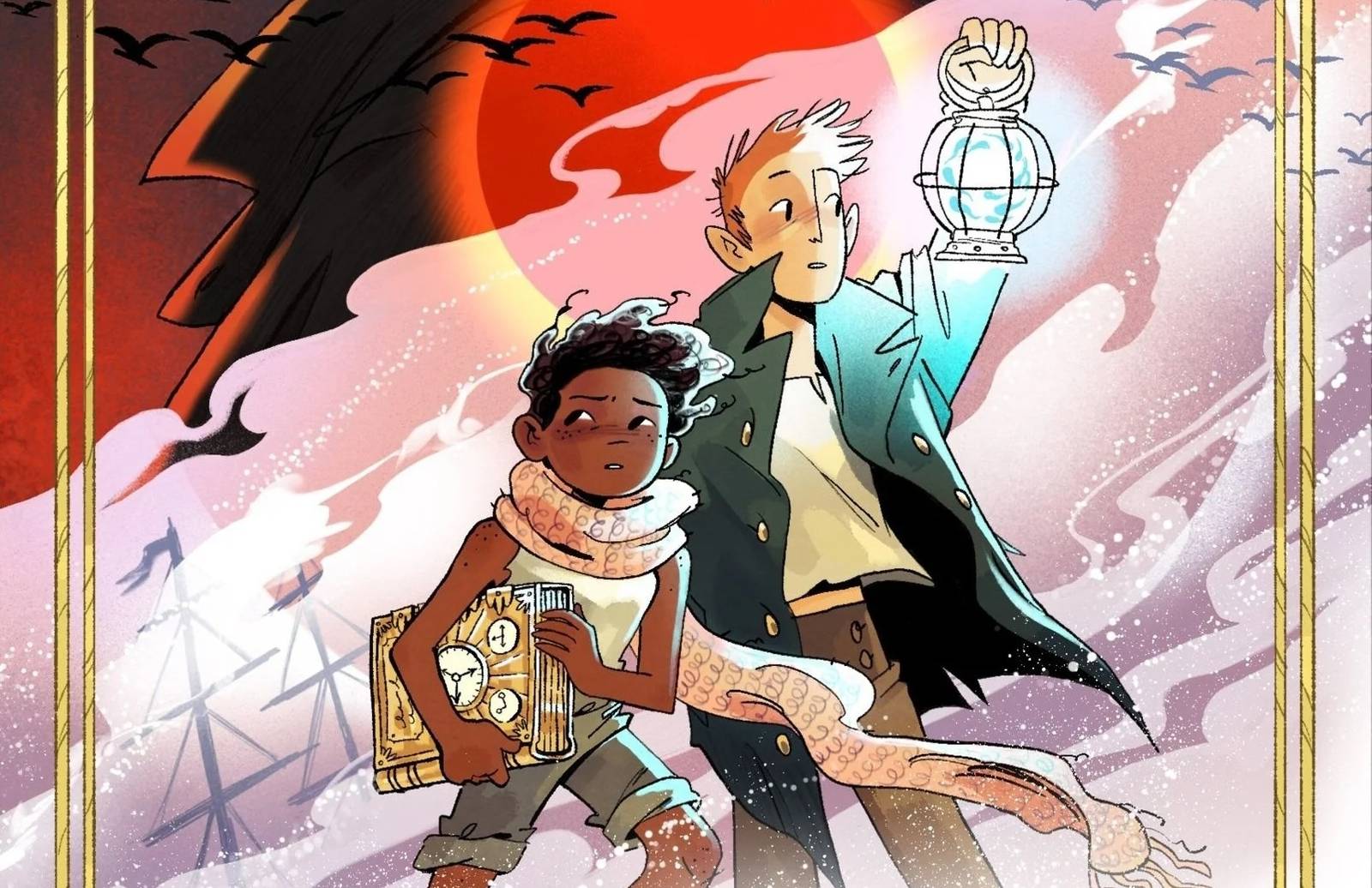 Detail from the cover of ND Stevenson's Scarlet Morning showing a Black girl in a long scarf with a dial-covered book beside a taller redheaded boy holding a lantern amid swirling pink clouds