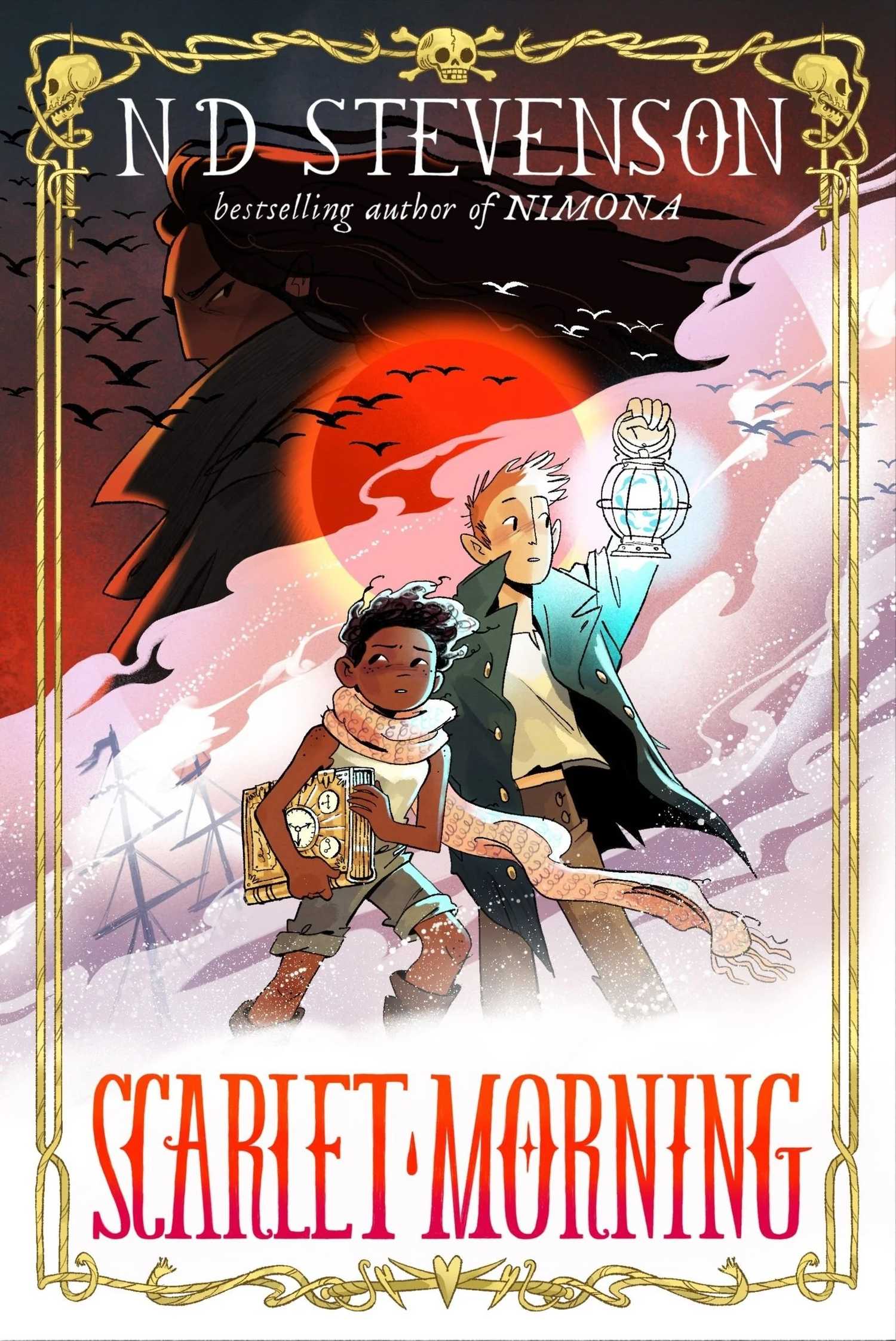 Cover of Scarlet Morning: two children huddled among pink smoke