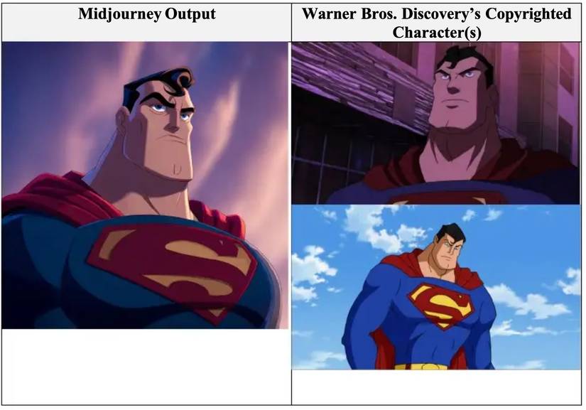 Screenshot showing an AI generated Superman next to copyrighted DC Comics art