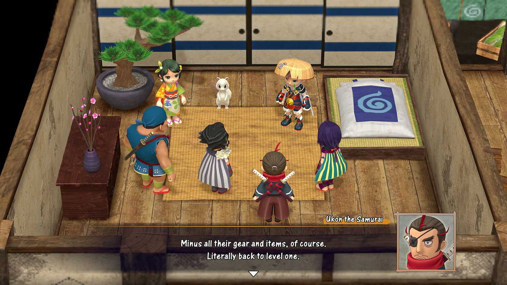 A number of characters in Shiren The Wanderer, gathered inside a home as they discuss current events. The gang includes warriors, pirates, and villagers. 