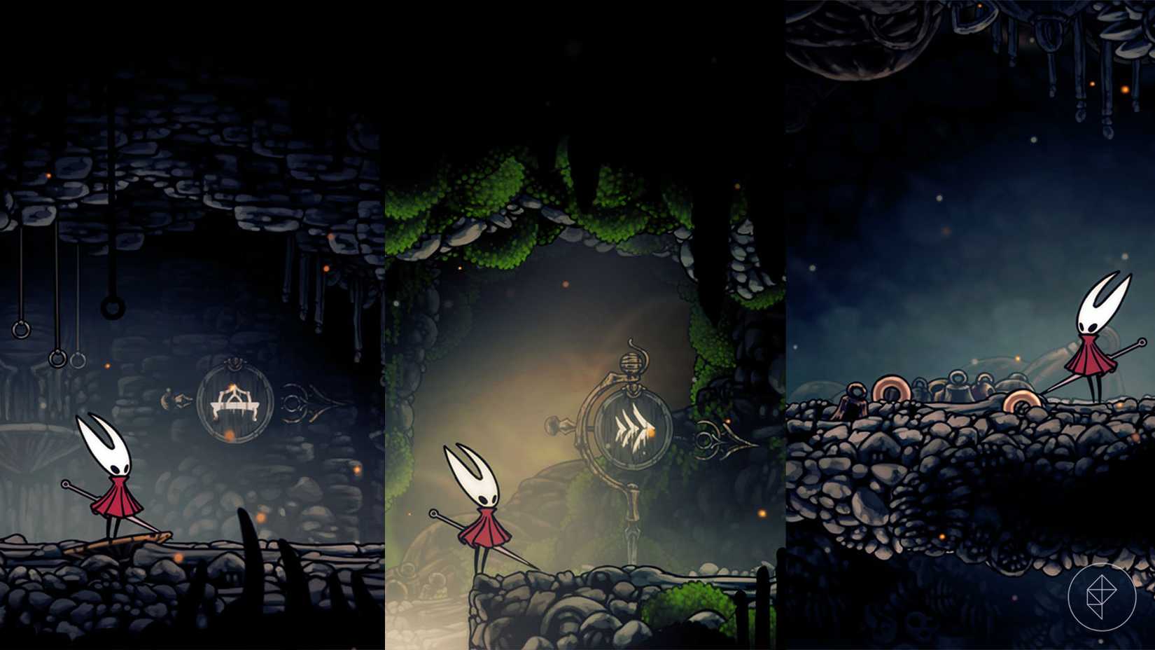 Hornet de pie junto a un trío de "letreros" En Hollow Knight: Silksong