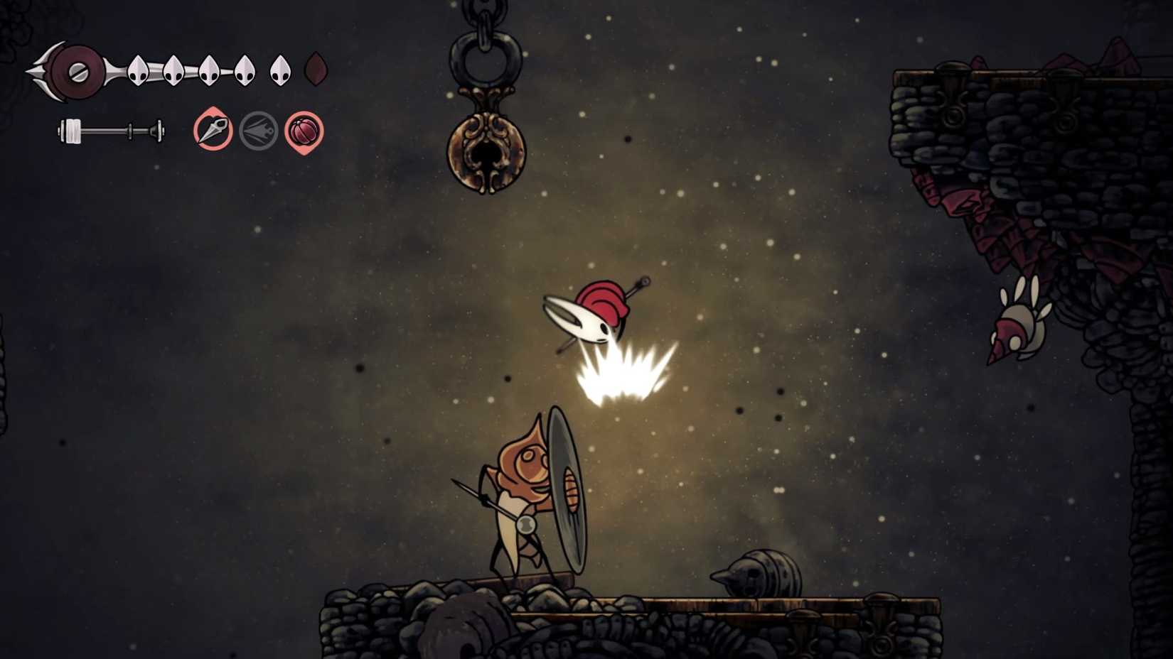 Hornet bouncing off a Judge to avoid combat during The Last Judge runback in Silksong