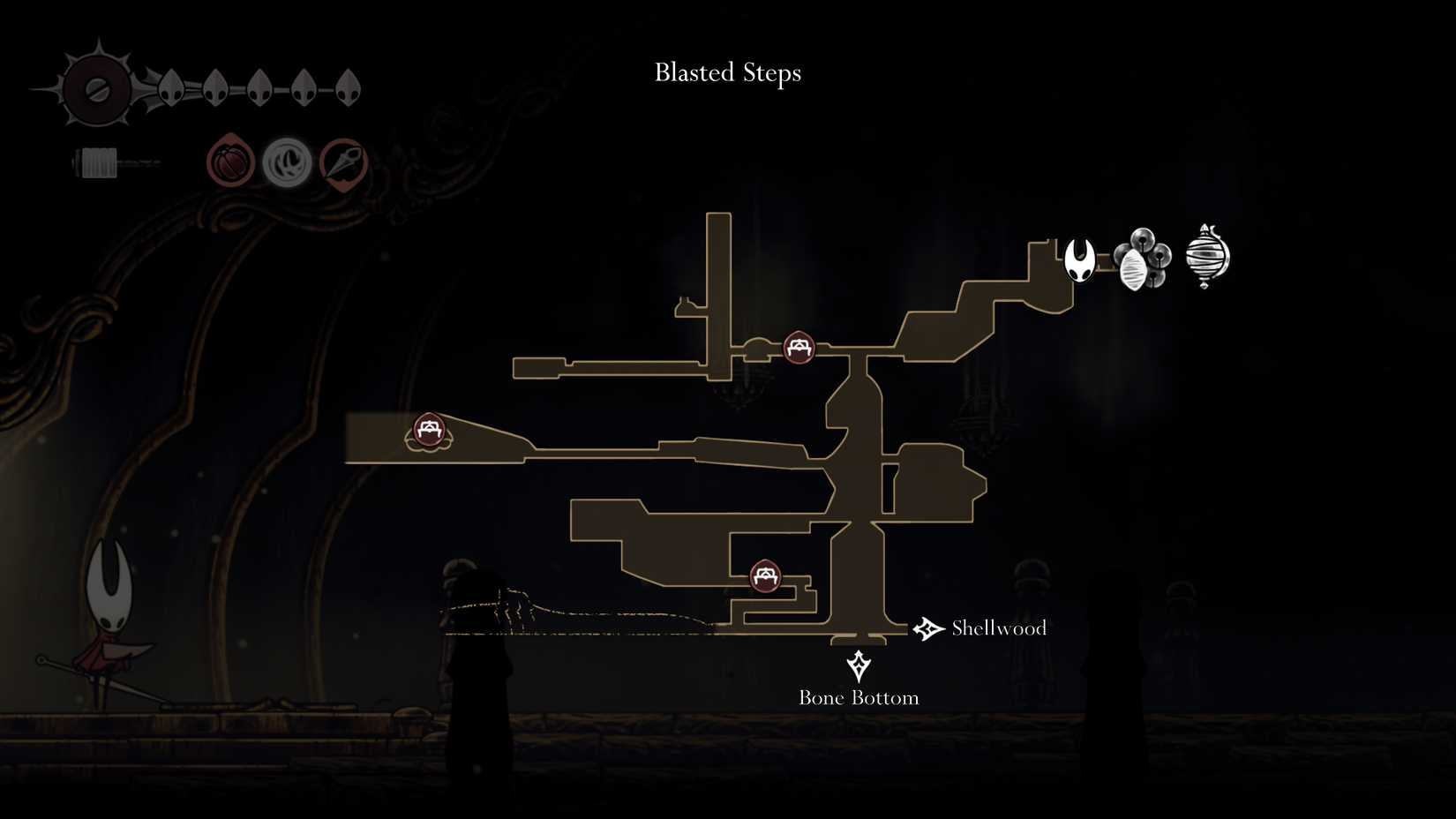 एक नक्शा दिखा रहा है जहां सिल्क्सॉन्ग में सैंडकार्वर खोजने के लिए
