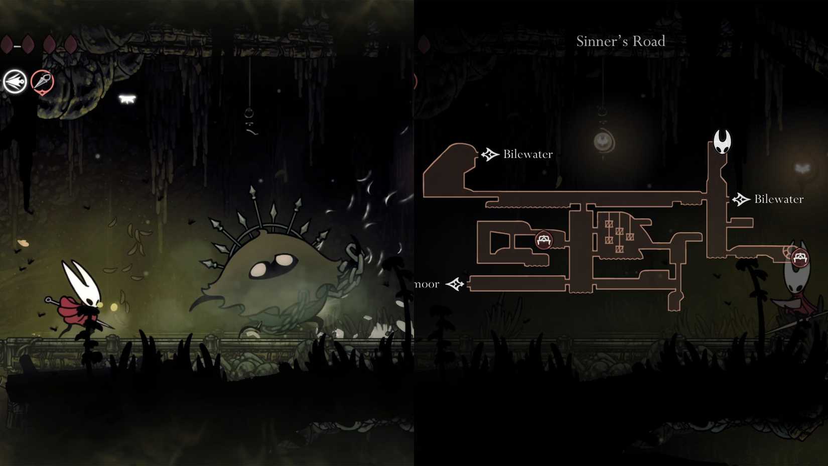 Hornet fighting a Roachkeeper in Sinner's Road in Hollow Knight: Silksong.