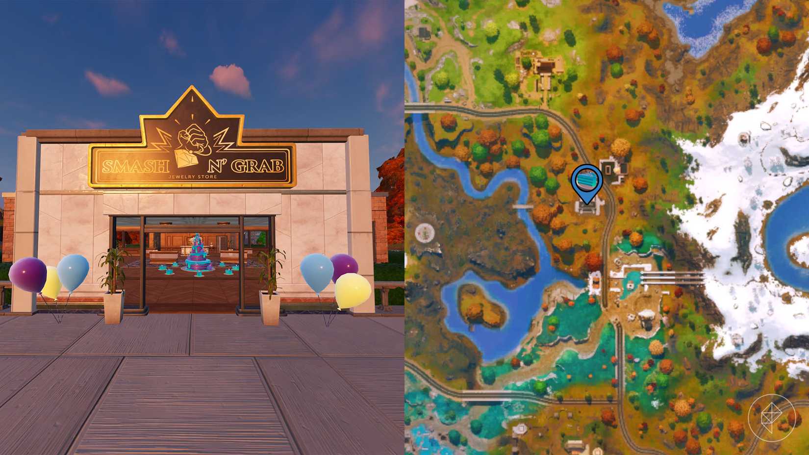 Fortnite अध्याय 6 सीज़न 4 में स्मैश n 'ग्रैब ज्वेलरी स्टोर के अंदर जन्मदिन का केक।