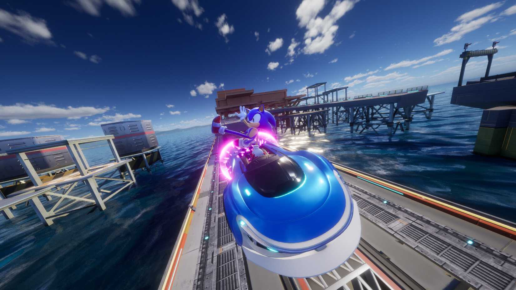 Sonic does a trick while flying through the air with his car in Sonic Racing: CrossWorlds
