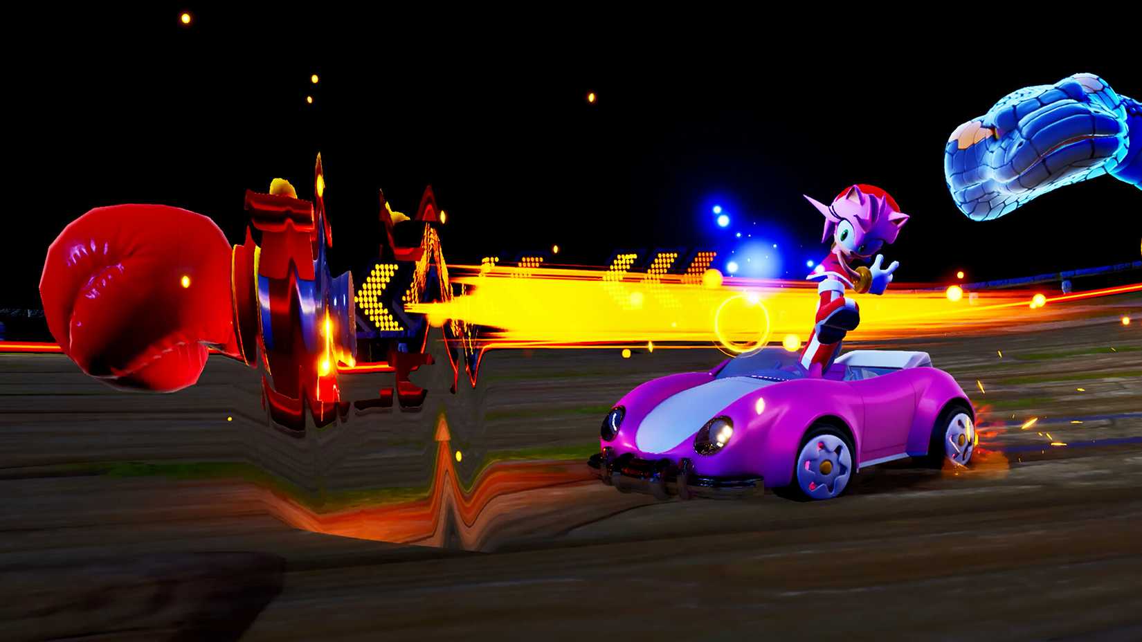 Amy Rose fires a bunching glove attack in Sonic Racing: CrossWorlds.