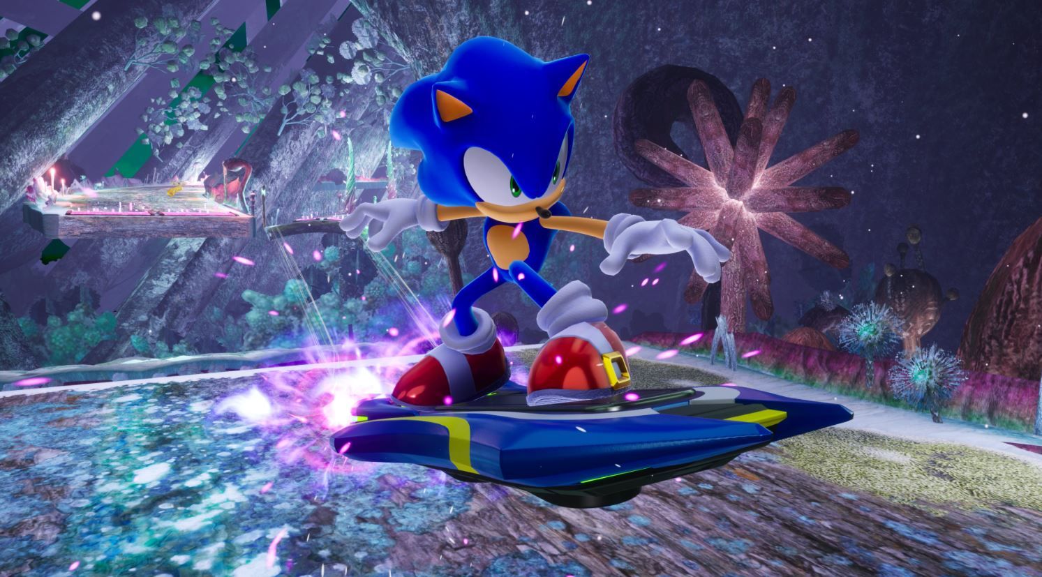 Sonic the Hedgehog in Sonic Racing: CrossWorlds, as the blue blur balances himself on a hoverboard.