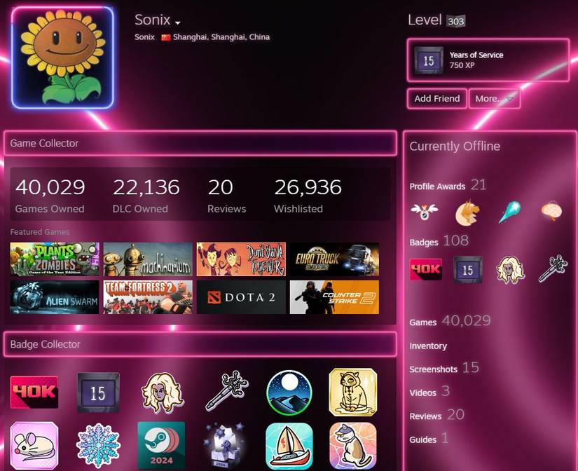 Sonixlegend की स्टीम प्रोफाइल; वे पीसी-केंद्रित मंच पर 40,000 खिताबों के मालिक होने के लिए बैज के साथ एकल उपयोगकर्ता हैं।