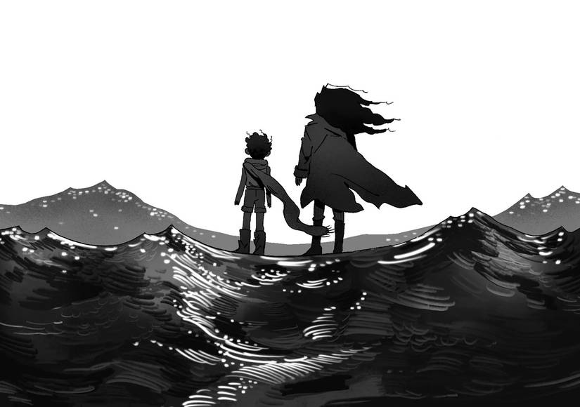 The silhouettes of a woman and child standing on a frozen oceans, backs to the viewer, in Scarlet Morning