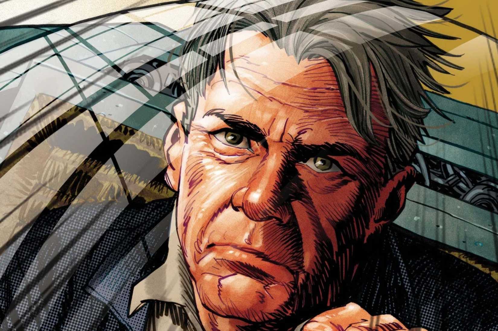 Imagem de uma capa de Han Solo - Hunt for the Falcon. Ele mostra um close -up de um solo mais velho de Han parecia enlouquecido, mas determinado.