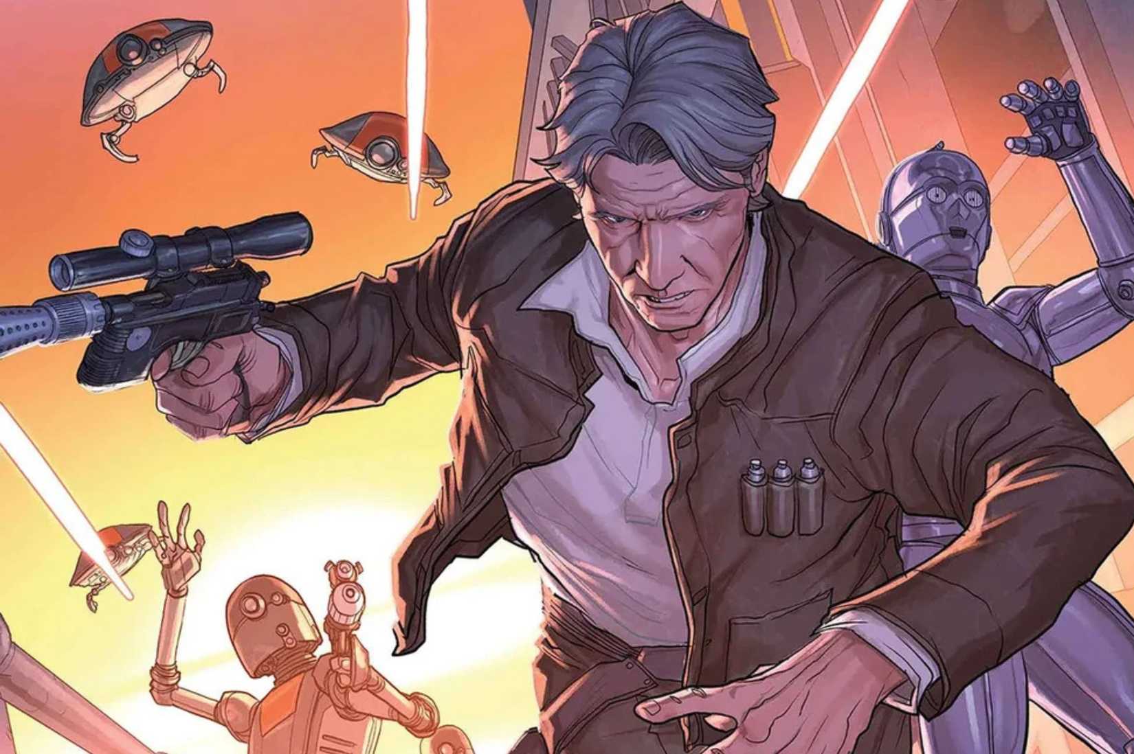An image from Marvel's Comic Han Solo - Hunt for the Falcon. It features an older Han Solo with grey hair and his brown jacket and shirt. He is surrounded by droids and blaster fire.