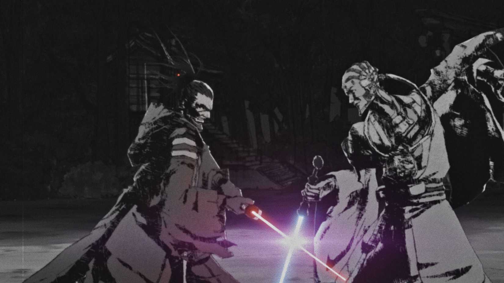 Uma captura de tela do Star Wars Visions Volume 3. Ela retrata dois indivíduos com sabres de luz, vestidos com trajes tradicionais japoneses. Eles fazem parte de um duelo.