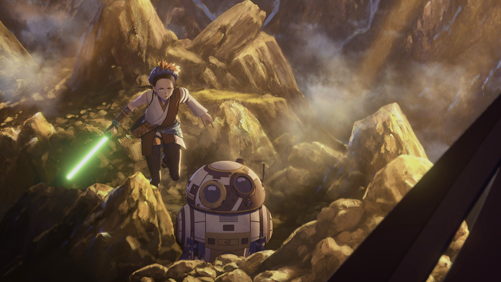 स्टार वार्स विज़न वॉल्यूम 3 से स्क्रीनशॉट। इसमें एक हरे रंग की रोशनी के साथ एक महिला को दर्शाया गया है, जो एक एस्ट्रोमेक के पीछे आ रहा है। 