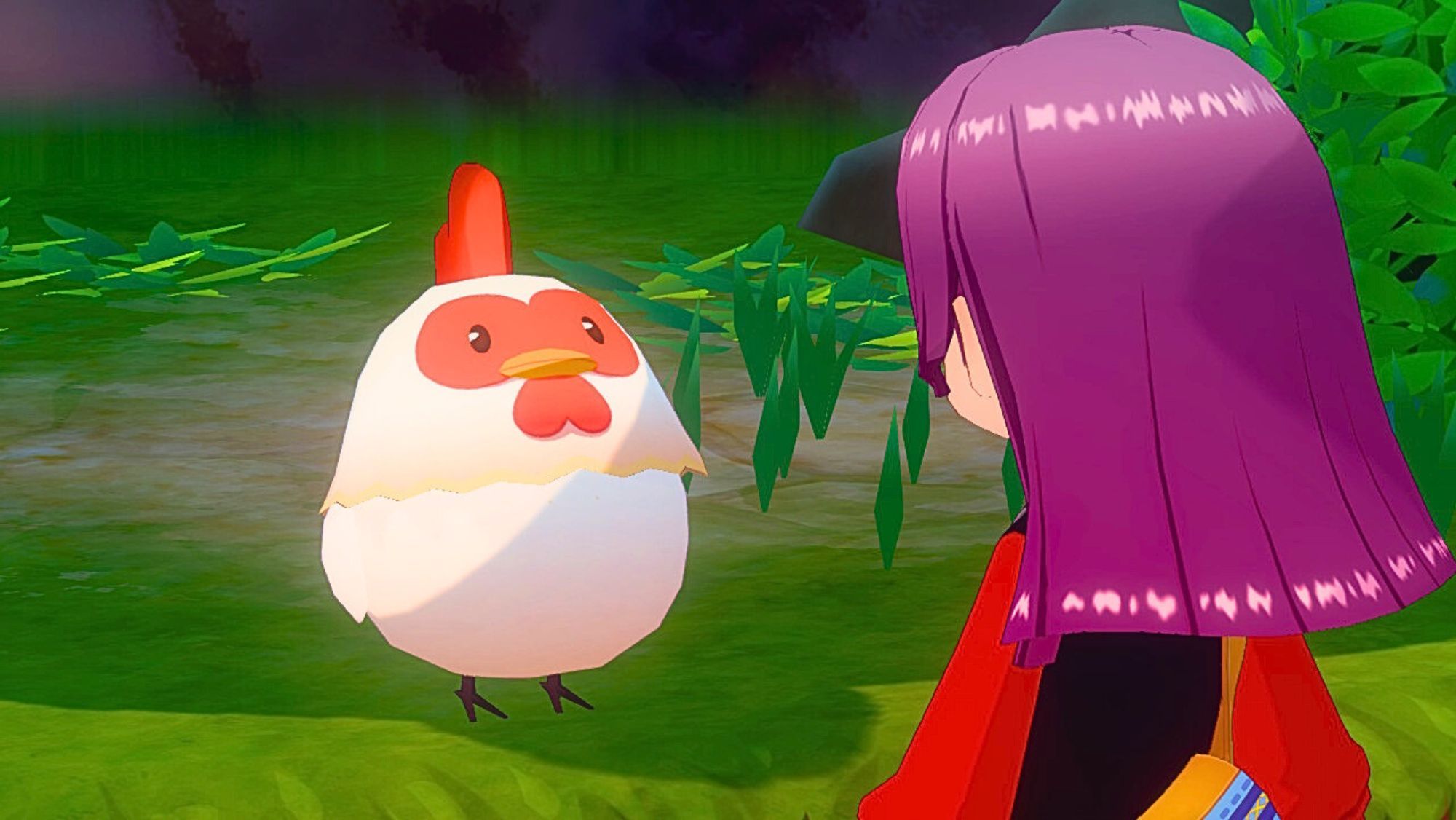 A large white and red chicken stares at the player character. It is surrounded by lush greenery. Screenshot from Story of Seasons Grand Bazaar.