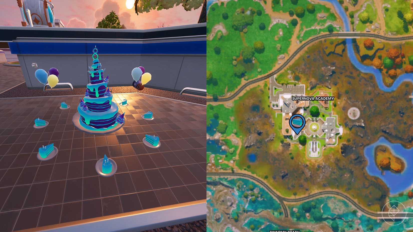 फोर्टनाइट में सुपरनोवा अकादमी में जन्मदिन का केक।