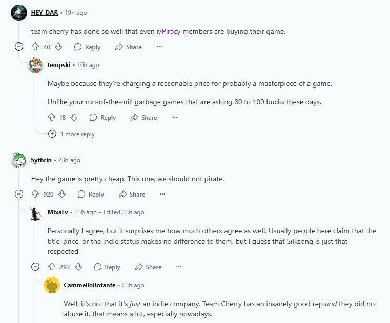 A segment of discussions on r/Piracy, where commenters are pitching each other on why they should support the game with actual money.