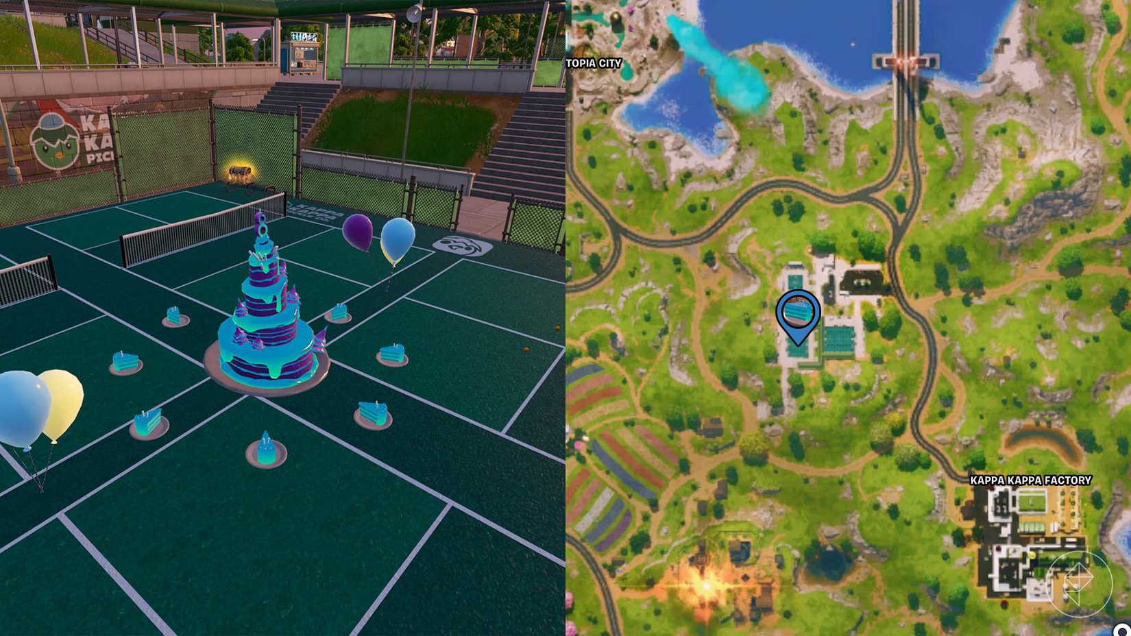 बर्थडे केक फोर्टनाइट में एक टेनिस कोर्ट में पाया गया।