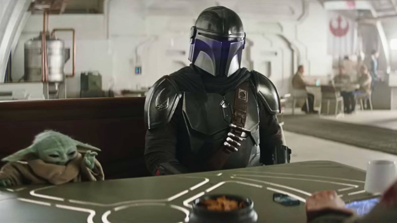Din Djarin and Grogu sharing a quiet moment at a table