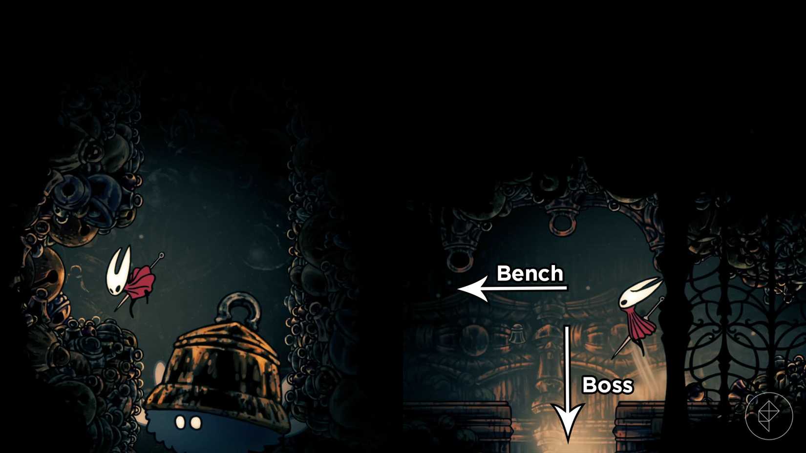Hornet following a winged furm and jumping over a hole in the floor that leads to a boss.