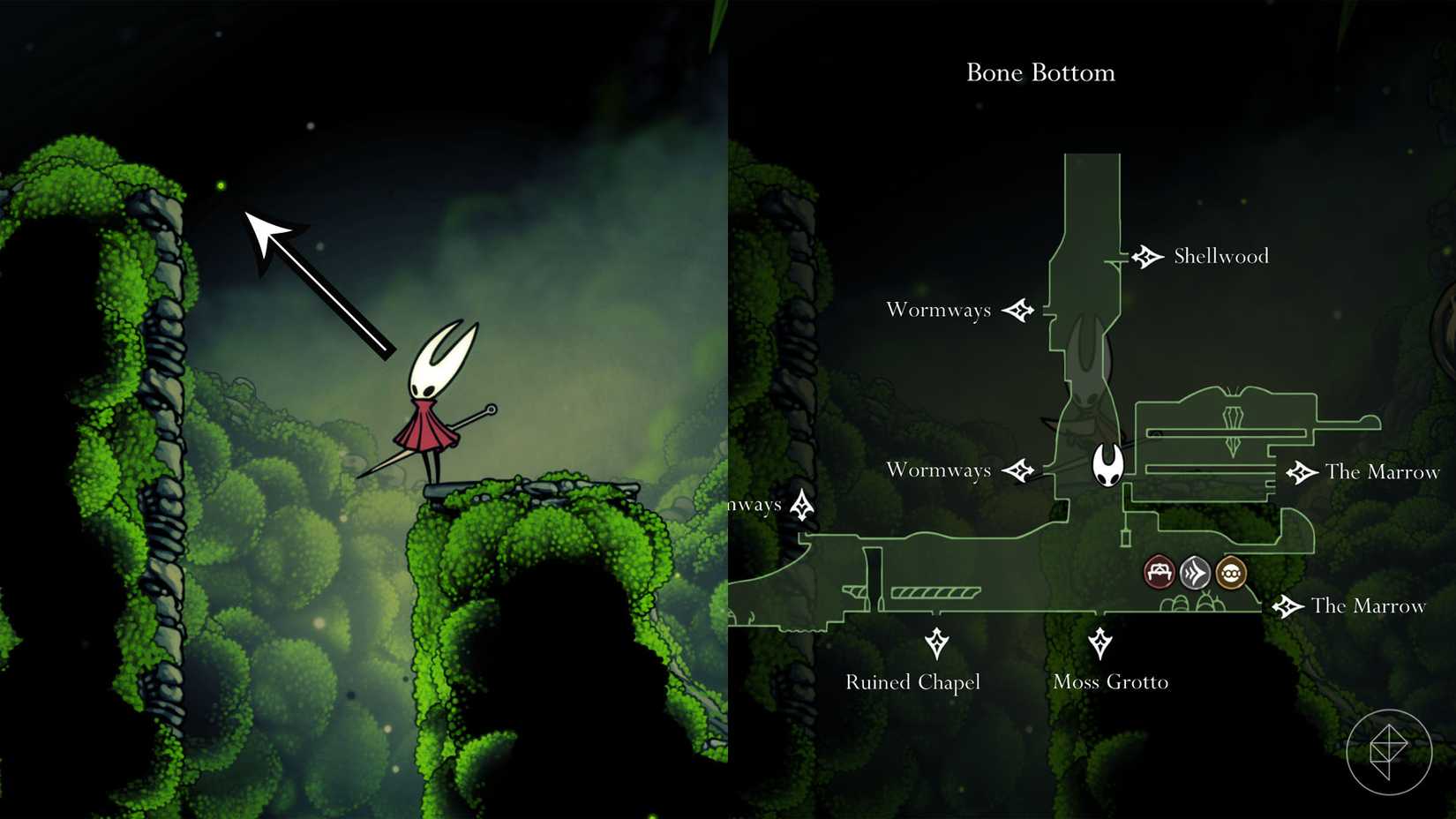 An arrow pointing to a ledge beside Hornet in Hollow Knight: Silksong.