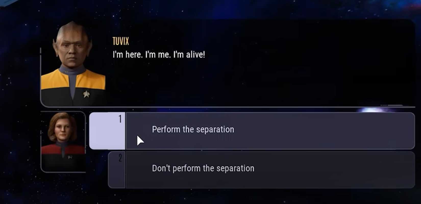 Janeway chooses to split Tuvix or not in Star Trek: Voyager - Across the Unknown