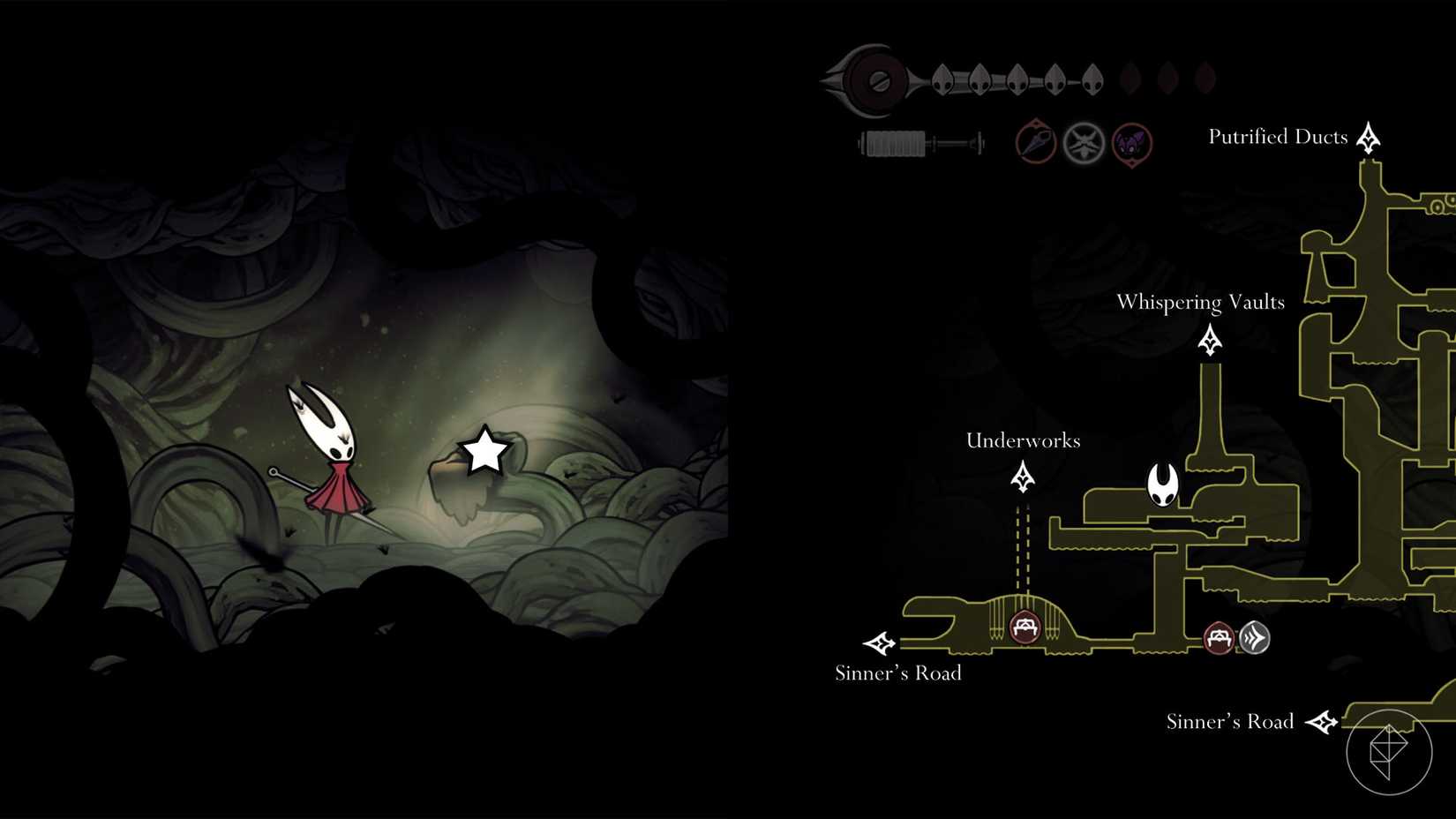 Hornet standing beside the Twisted Bud, whose location is marked on the map of Bilewater in Silksong.