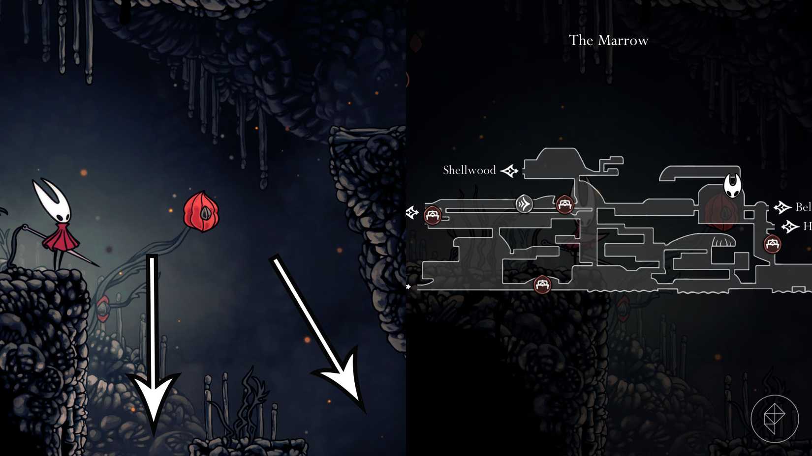 Dos flechas que conducen hacia un volátil FILNTBeetle en Hollow Knight: Silksong.