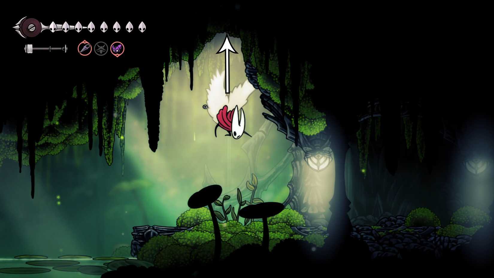 Hornet jumps into a secret hole in the Weavenest Alta ceiling in Silksong.