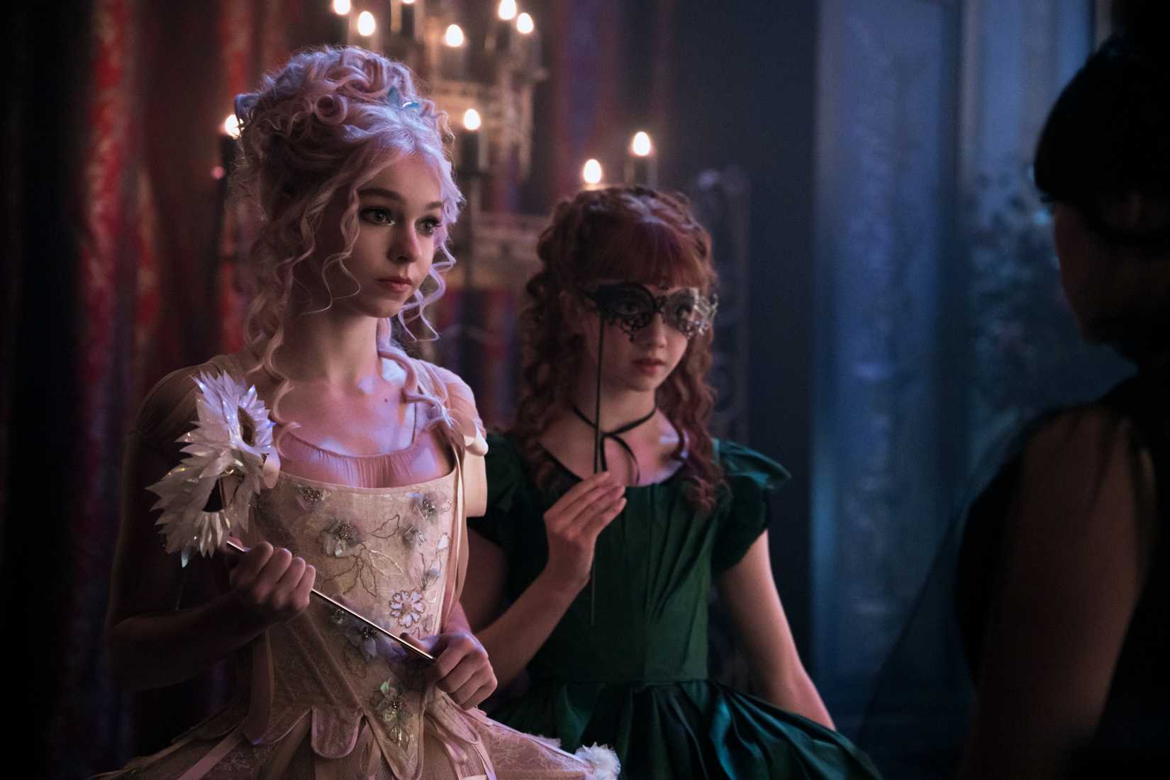 Image from Wednesday featuring Enid and Agnes in fancy dress. 