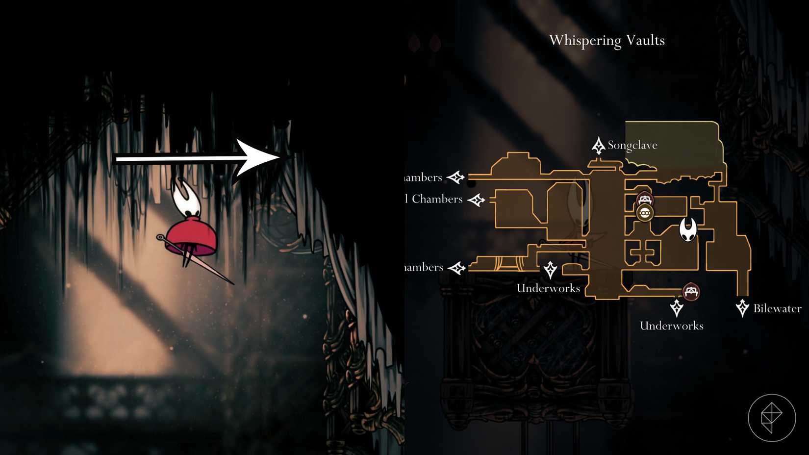 Hornet gliding towards a secret wall in the Whispering Vaults area in Silksong.