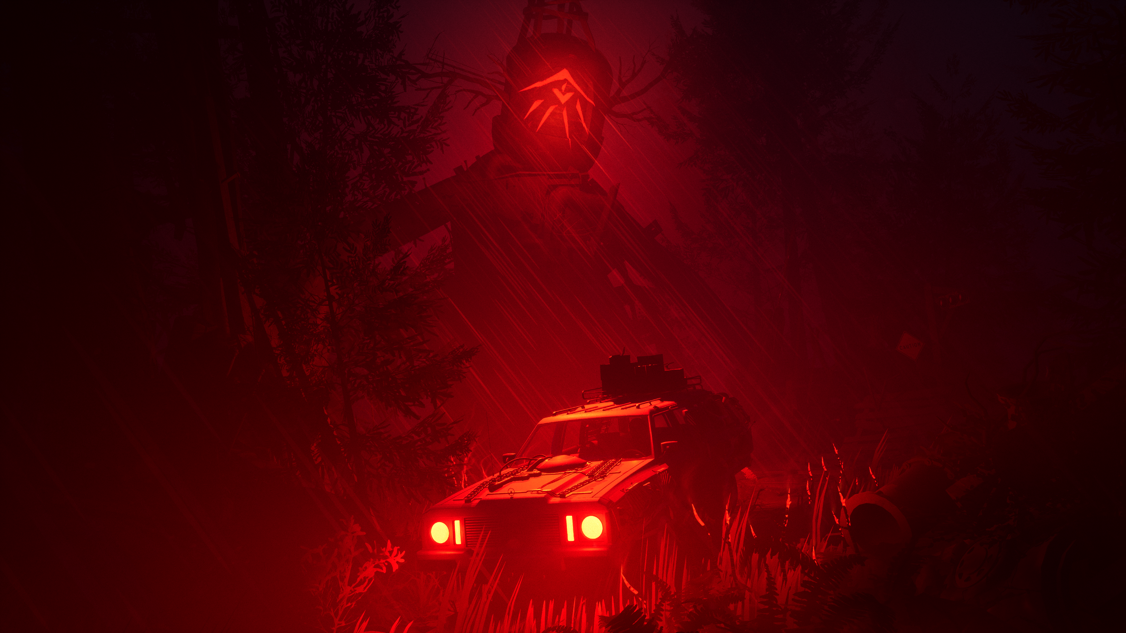 A large effigy looms over a station wagon bathed in red light in Pacific Drive: Whispers in the Woods