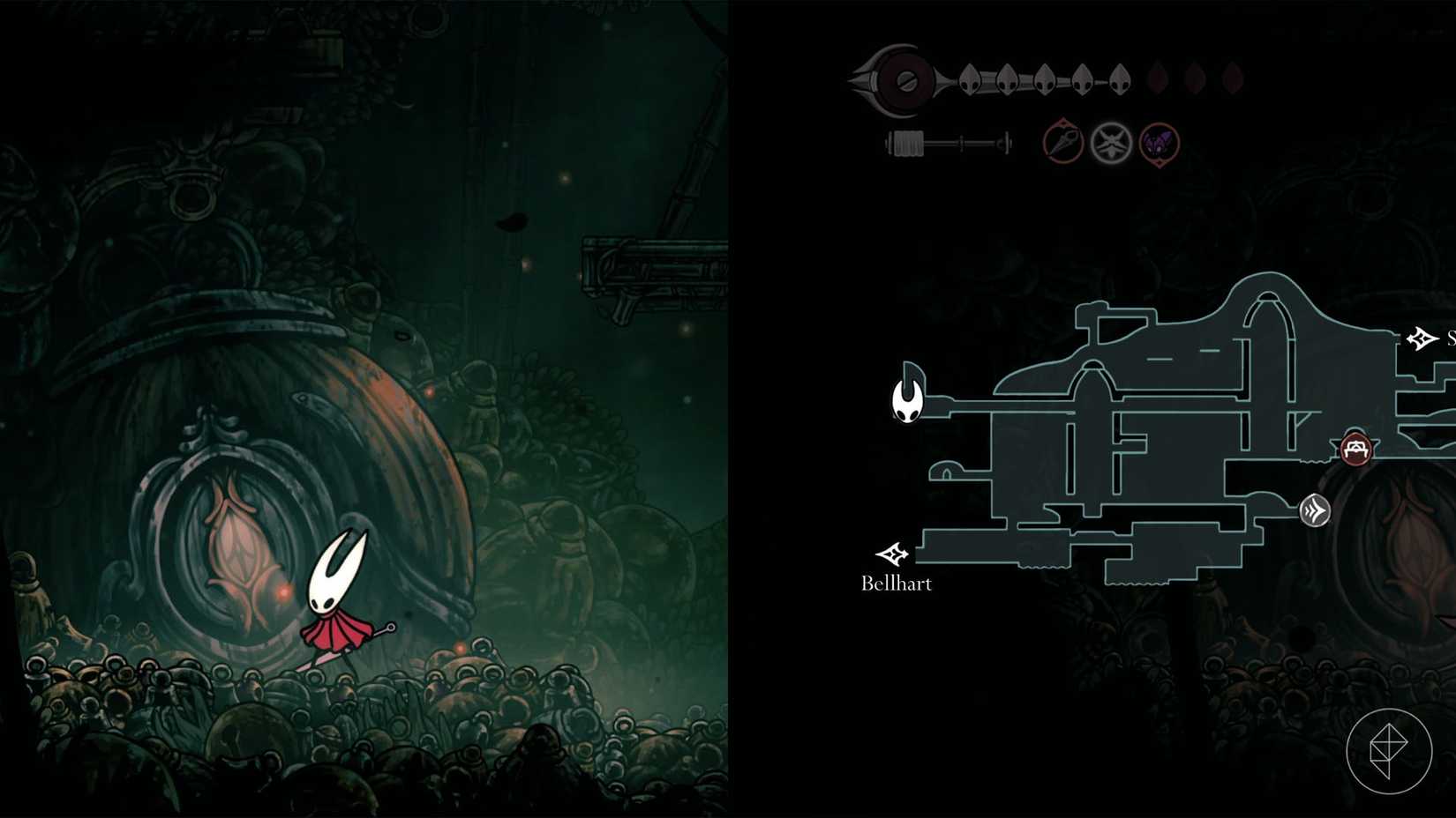 Hornet standing outside of Yarnaby's home in Silksong.