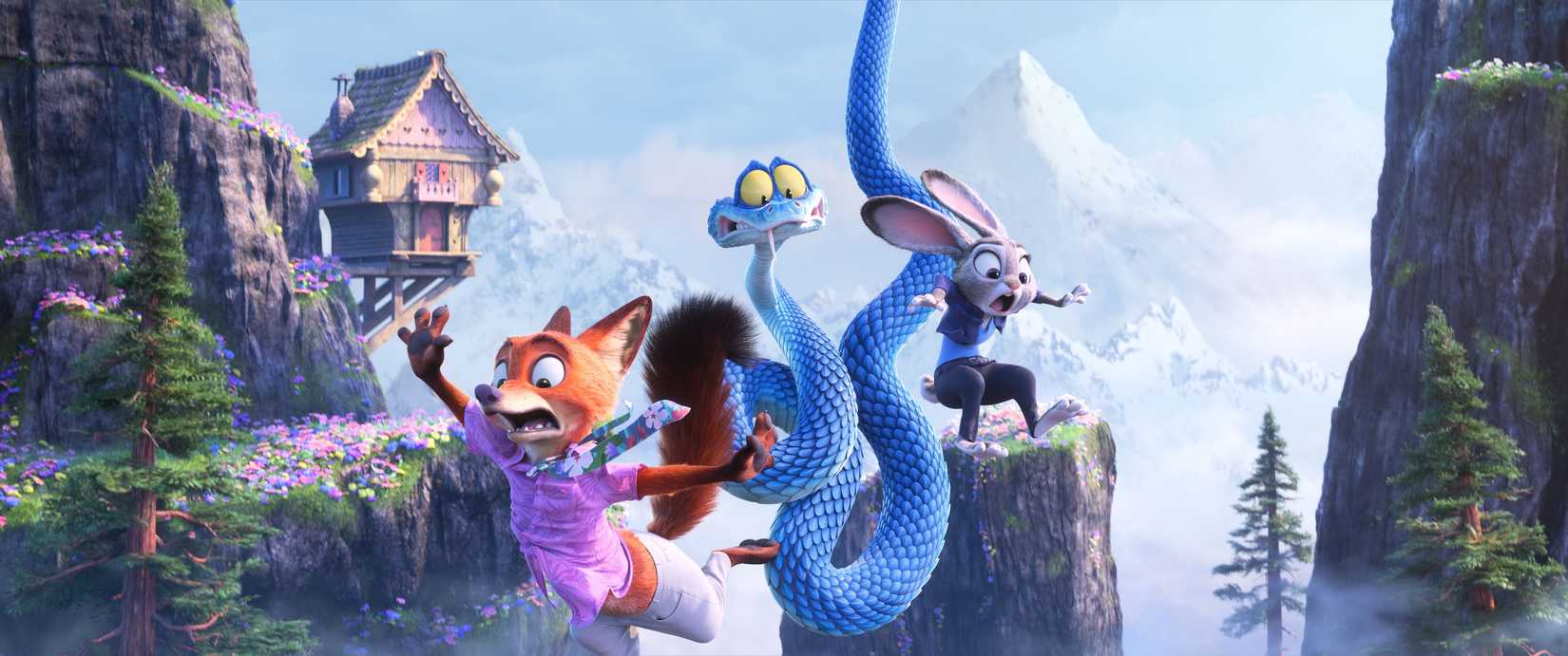 Nick and Judy plummet through the air with a worried blue snake in Zootopia 2